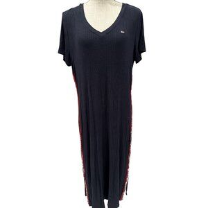 Tommy Jeans Black V-Neck Midi Dress L With Red & White Side Stripes